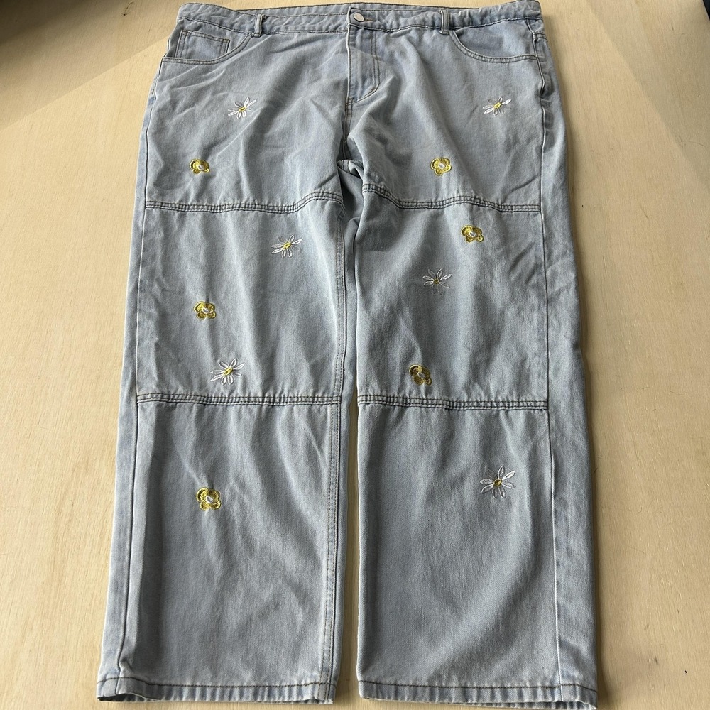 MANFINITY Jeans Womens 4XL Light Gray Denim Relaxed Wide Leg Floral Embroidered